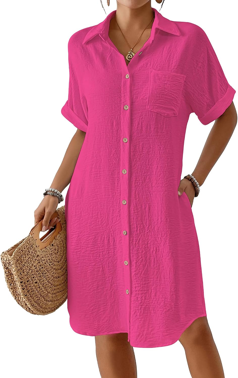 Women's Knee Length Beach Shirt Dress - Short Sleeve Button Down Cover-Up with Pockets for Vacations - Medium