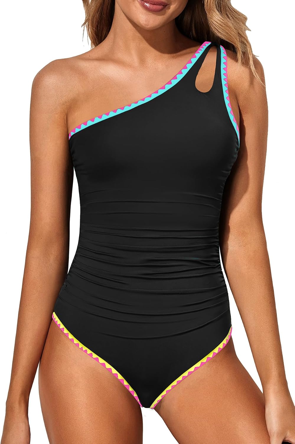 Women's One Shoulder One Piece Swimsuit - Keyhole Front, Ruched Tummy Control and Removable Soft Cups - Black (3)