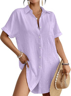 Women's Button Down Beach Shirt Dress - Relaxed Cover-Up in Stripes, Jacquard and Solids for Vacations - Bean Pink