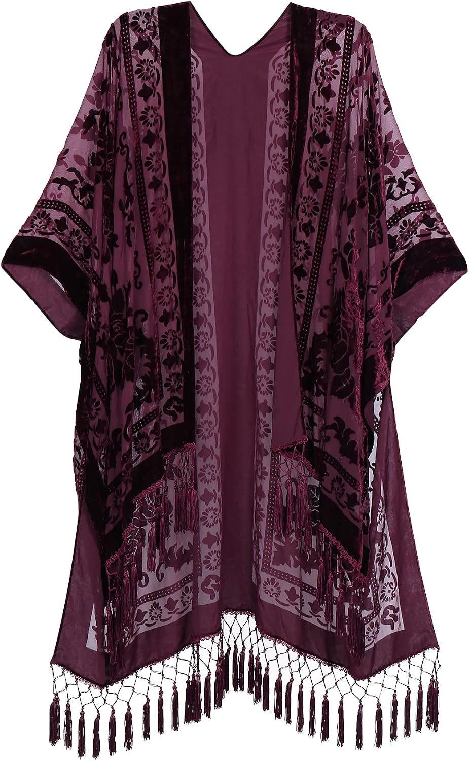 Women's Burnout Velvet Kimono - Long Cardigan Cover-Up with Tassel Trim for Evenings and Resort Wear - ((Autumn Leaf)
