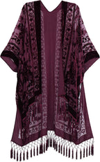 Women's Burnout Velvet Kimono - Long Cardigan Cover-Up with Tassel Trim for Evenings and Resort Wear - ((Autumn Leaf)