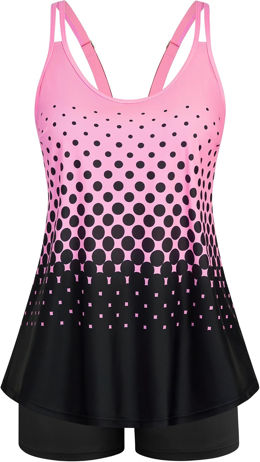 Women's Flowy Tankini Set - Scoop Neck Top with Removable Pads and High Waisted Bottoms for Modest Swims - Large