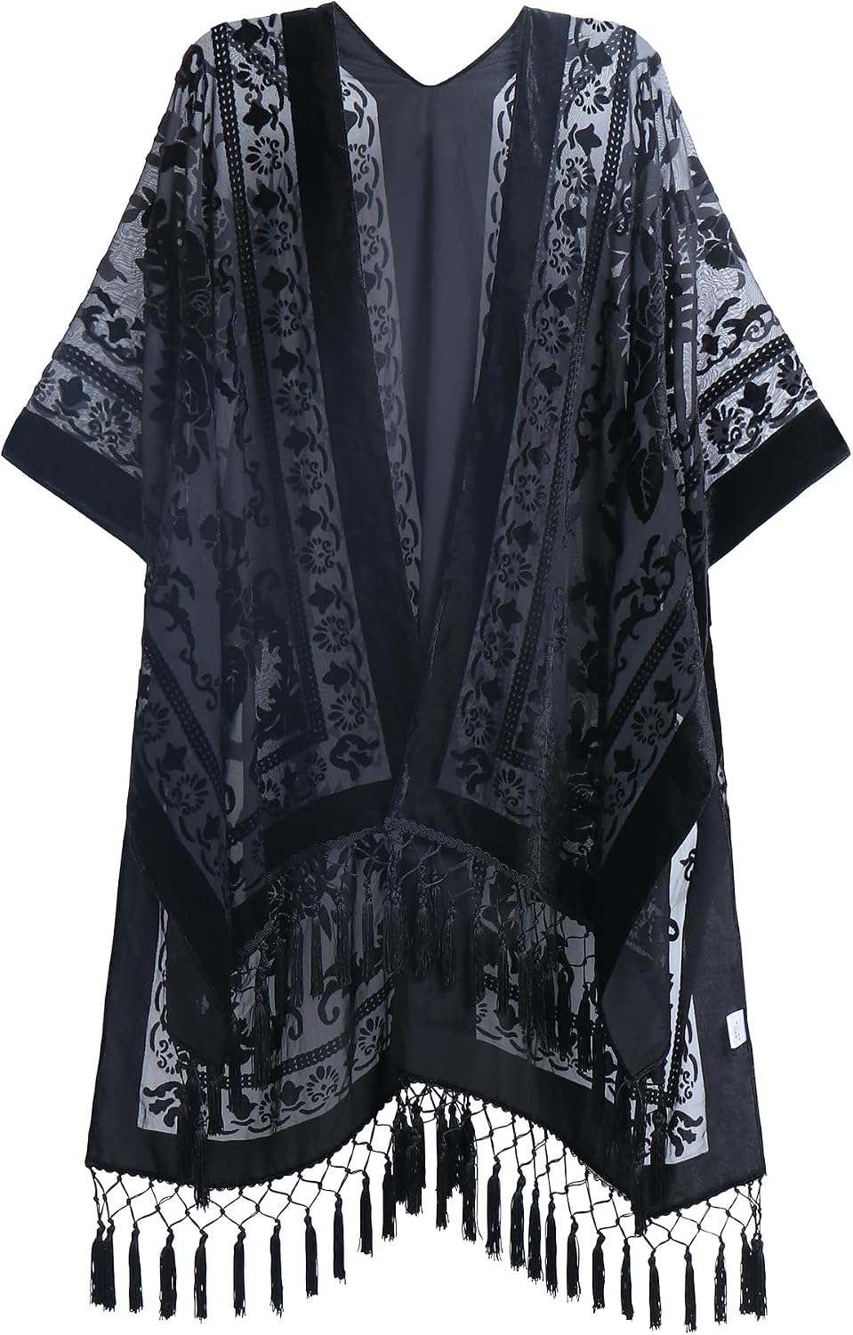 Women's Burnout Velvet Kimono - Long Cardigan Cover-Up with Tassel Trim for Evenings and Resort Wear - Black/Beige