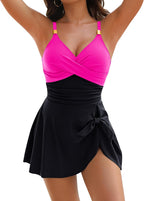 Women's Tummy Control One Piece Swimsuit - V-Neck with Gold Metal Ring, Tie Knot Front and Removable Pads - Small