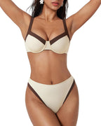 Women's Colour Block Bikini Set - Underwire Top with High Waisted Bottoms for Beach and Pool Days - Small