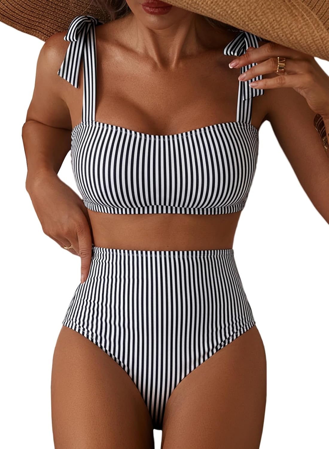 Women's Tie Shoulder Bikini Set - Two Piece with High Waisted Full Coverage Bottoms and Removable Pads - Small (11)