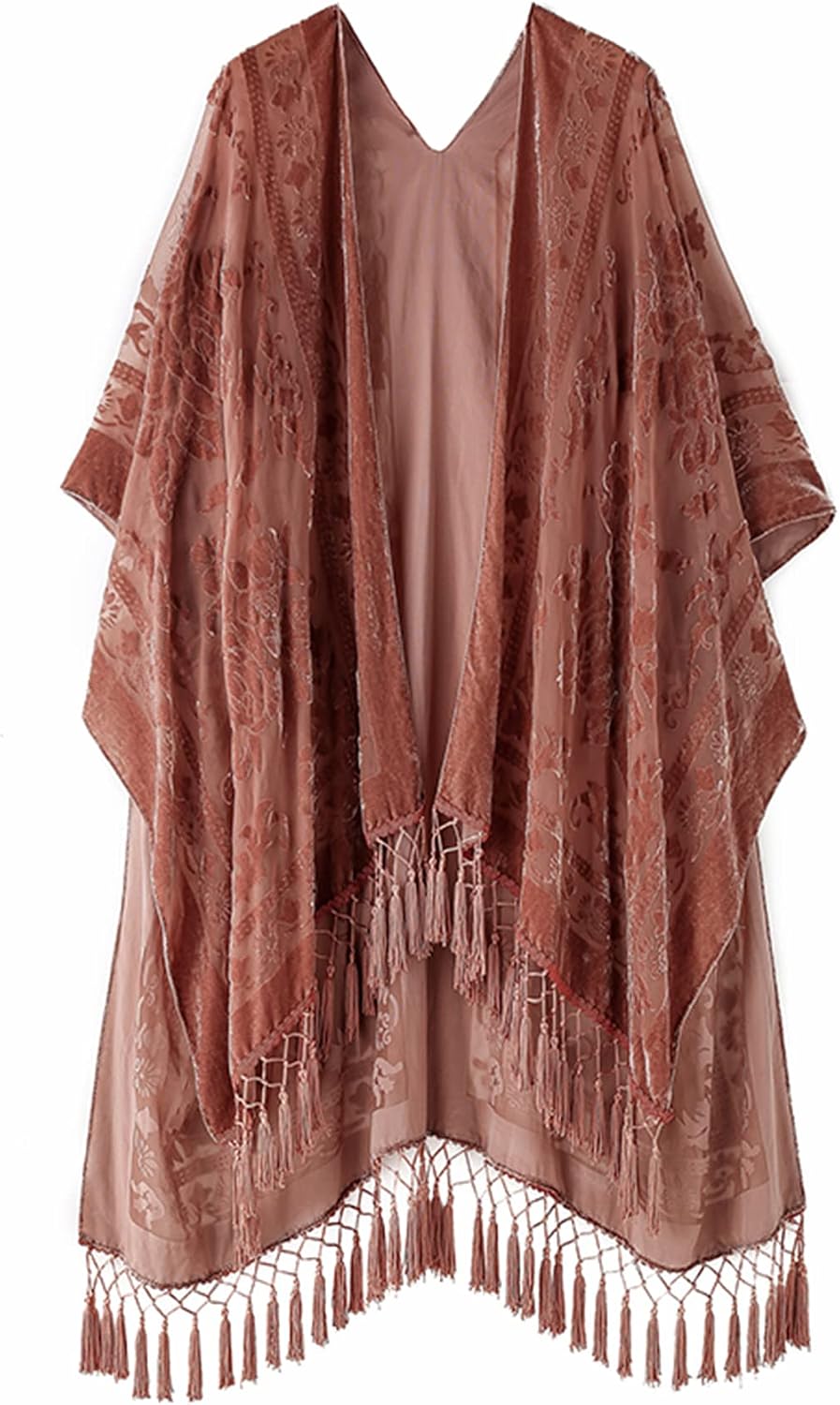 Women's Burnout Velvet Kimono - Long Cardigan Cover-Up with Tassel Trim for Evenings and Resort Wear - Choc Straw