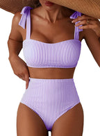 Women's Tie Shoulder Bikini Set - Two Piece with High Waisted Full Coverage Bottoms and Removable Pads - Small