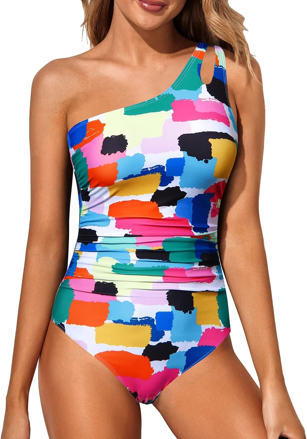 Women's One Shoulder One Piece Swimsuit - Keyhole Front, Ruched Tummy Control and Removable Soft Cups - Royal Blue