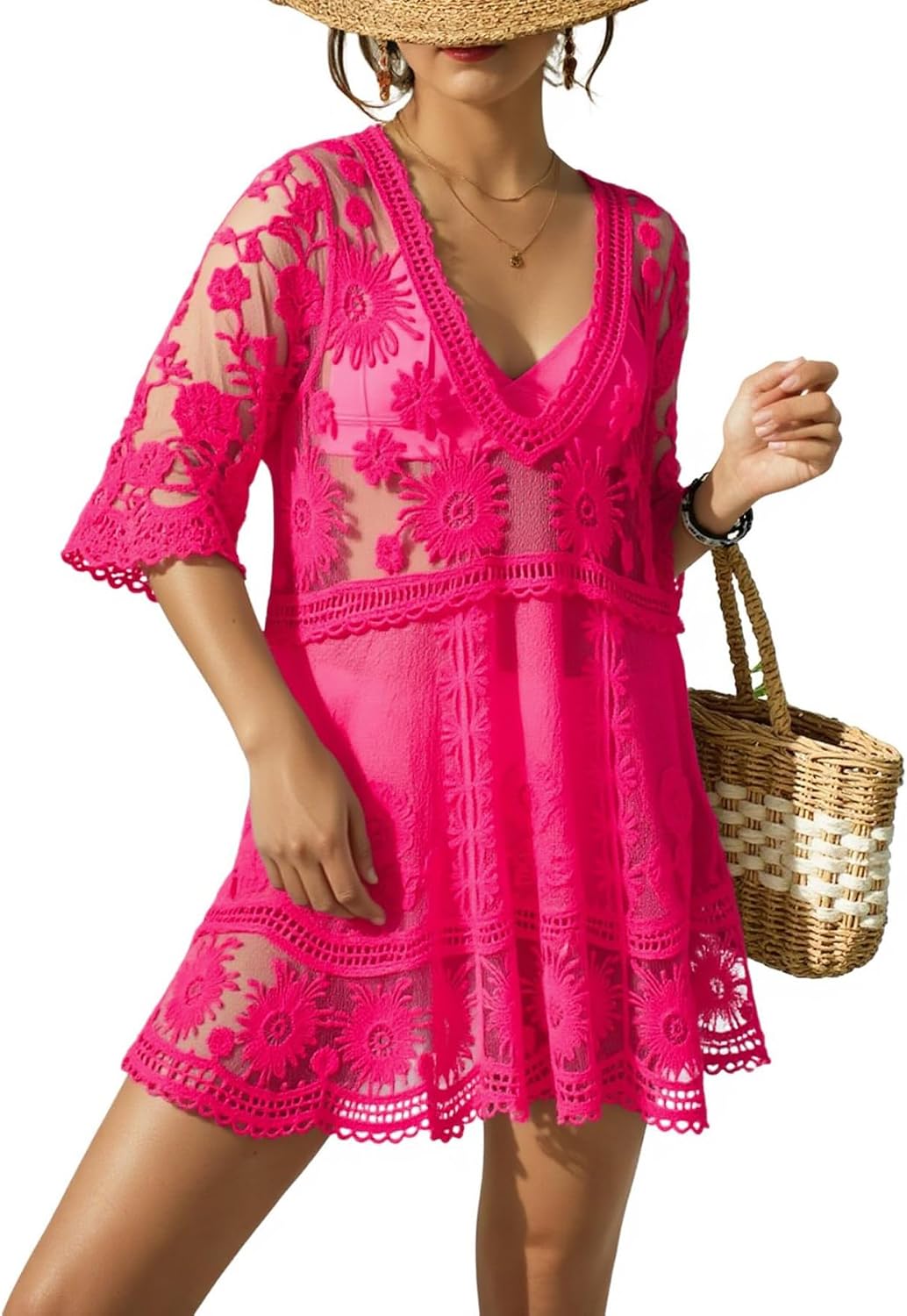 Women's Floral Lace V-Neck Crochet Swim Cover-Up