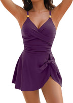 Women's Tummy Control One Piece Swimsuit - V-Neck with Gold Metal Ring, Tie Knot Front and Removable Pads - Large
