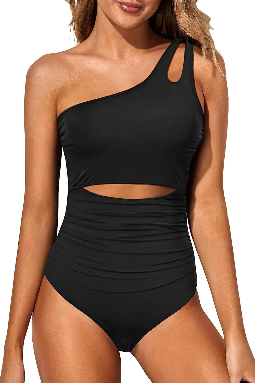 Women's One Shoulder One Piece Swimsuit - Keyhole Front, Ruched Tummy Control and Removable Soft Cups - Black