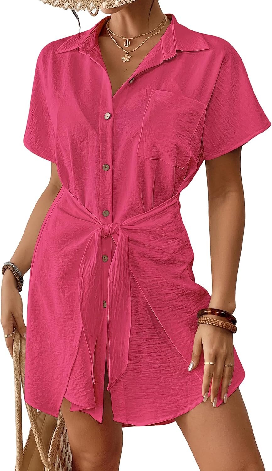 Women's Tie Front Beach Shirt Dress - Short Sleeve Button Down with Chest Pocket and High Low Hem - Small (5)