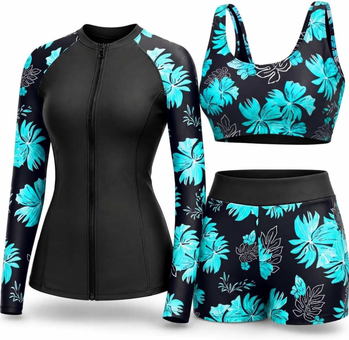 Women's 3 Piece Rash Guard Set - UPF 50+ Long Sleeve Swim Shirt, Built-In Bra Top and Mid Rise Bottoms - Large
