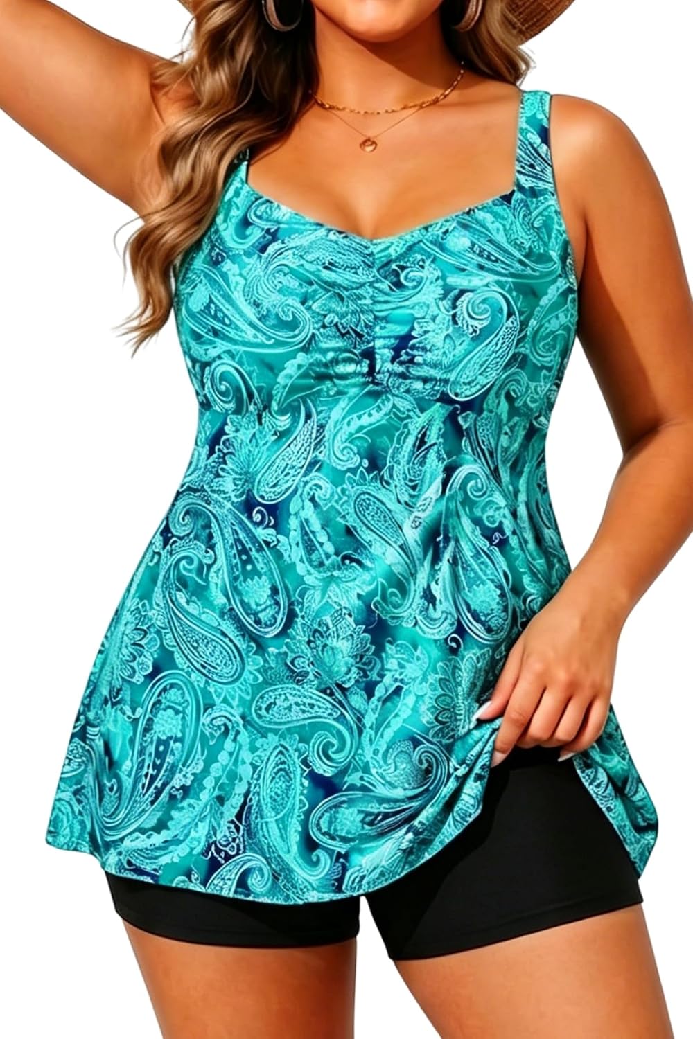 Women's Plus Size Tankini Swimsuit - Two Piece Bathing Suit with Swim Shorts and Full Tummy Coverage - 12 Plus
