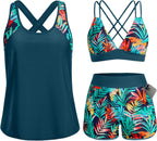 Women's 3 Piece Tankini Swimsuit - Tummy Control Top, High-Waist Boy Shorts and Built-In Brief for Swim Days - Small