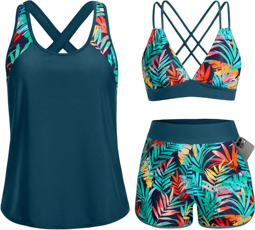 Women's 3 Piece Tankini Swimsuit - Tummy Control Top, High-Waist Boy Shorts and Built-In Brief for Swim Days - Small