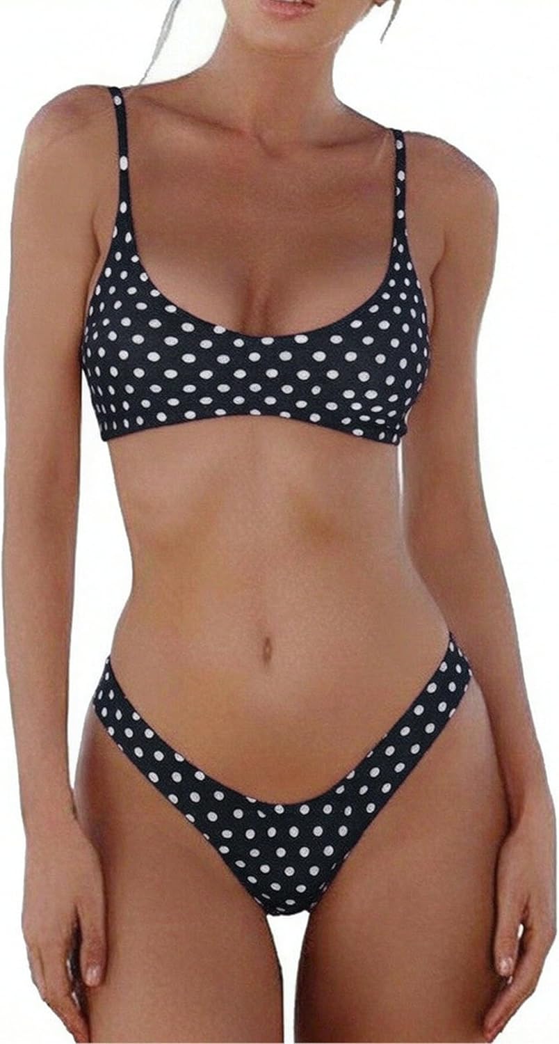 Women's Scoop Neck Bikini Set - Push Up Padded Top with Brazilian Thong Bottoms in Solids and Prints - Beige (16)