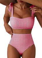 Women's Tie Shoulder Bikini Set - Two Piece with High Waisted Full Coverage Bottoms and Removable Pads - Small