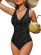 Women's Tummy Control One Piece Swimsuit - V-Neck Twist Front, Removable Pads and Full Coverage for Pool Days - Medium