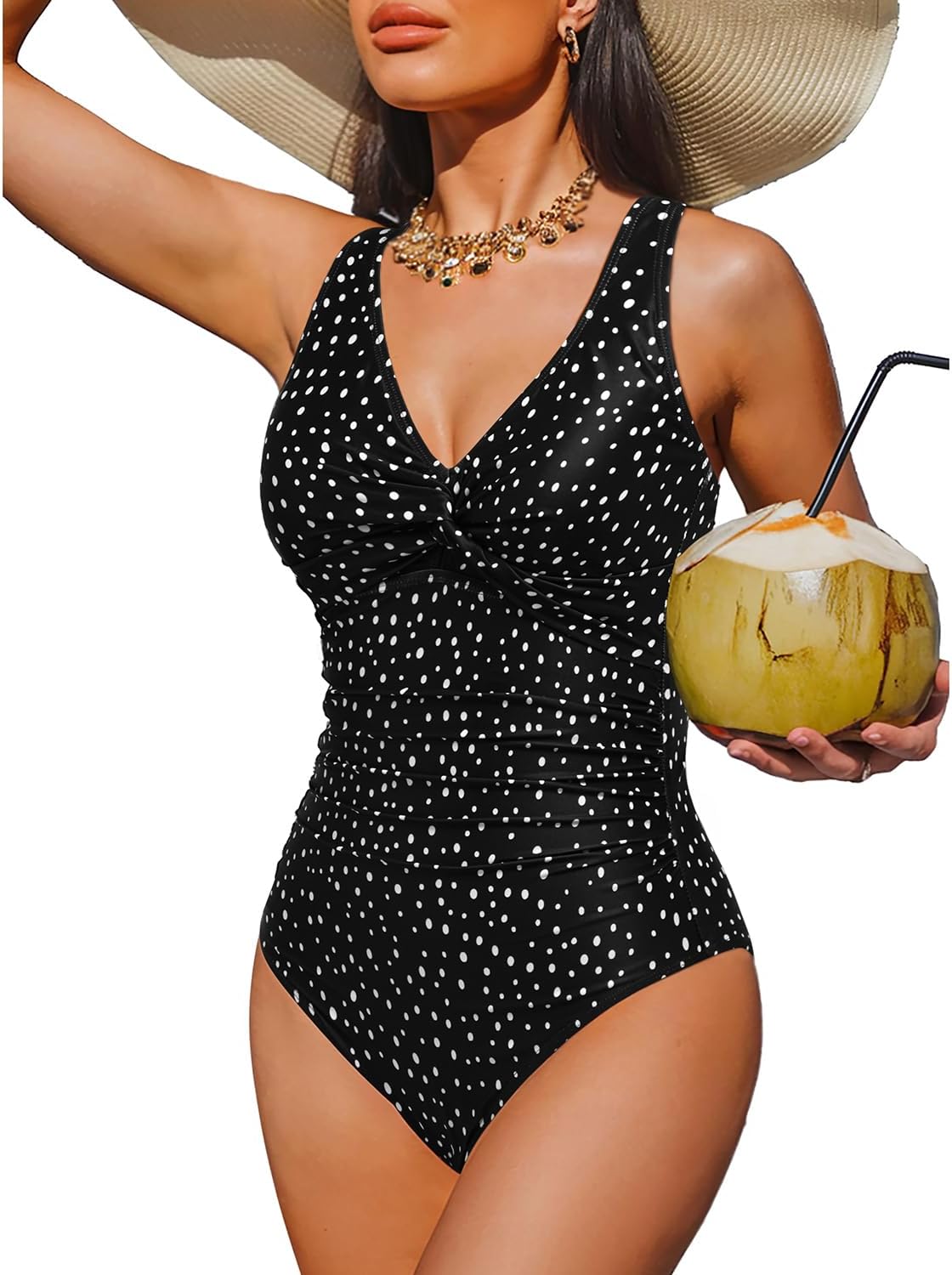 Women's Tummy Control One Piece Swimsuit - V-Neck Twist Front, Removable Pads and Full Coverage for Pool Days - Medium