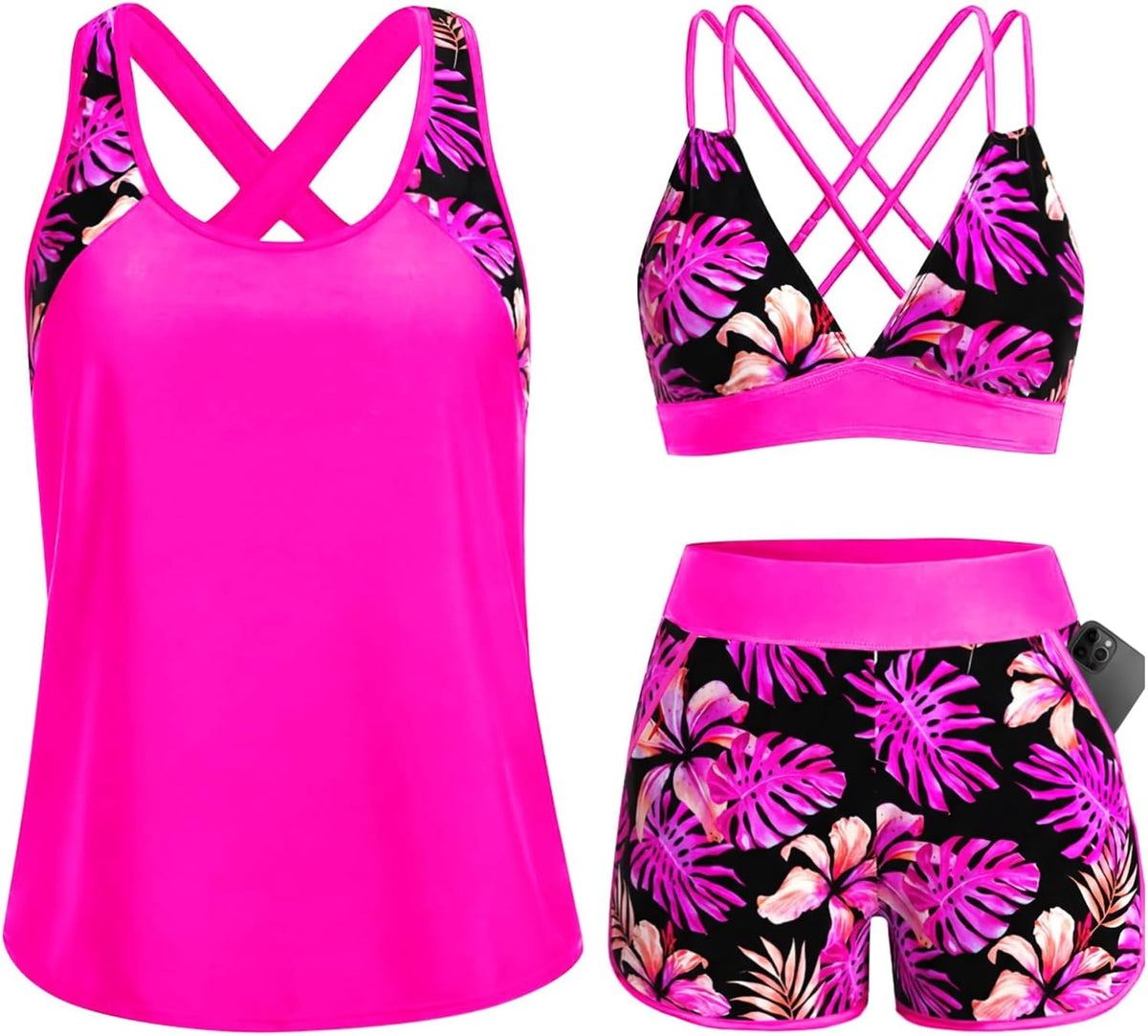 Women's 3 Piece Tankini Swimsuit - Tummy Control Top, High-Waist Boy Shorts and Built-In Brief for Swim Days - Small (19