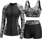 Women's 3 Piece Rash Guard Set - UPF 50+ Long Sleeve Swim Shirt, Built-In Bra Top and Mid Rise Bottoms - Medium