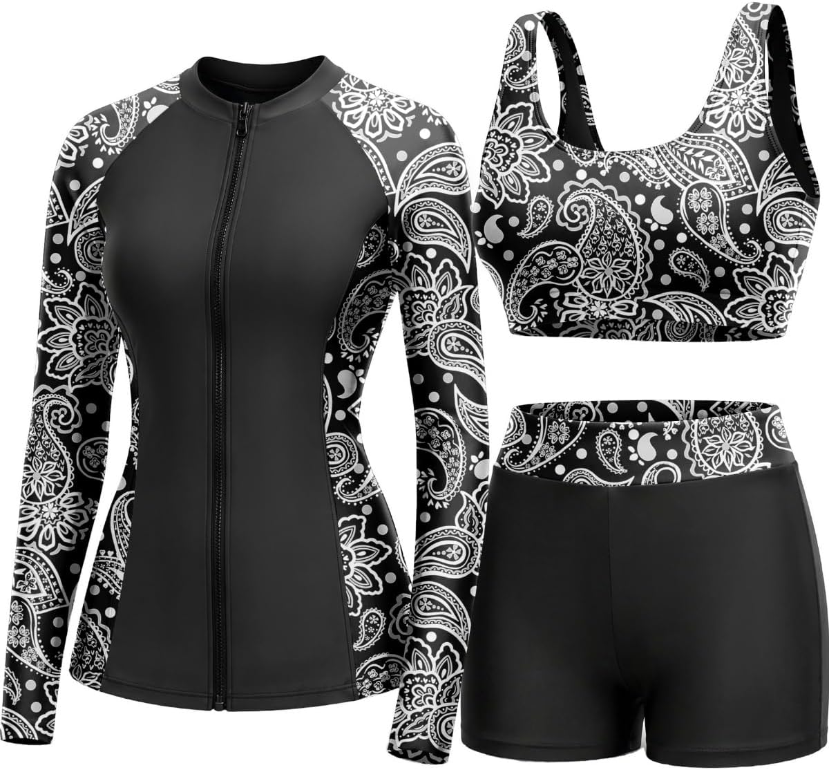 Women's 3 Piece Rash Guard Set - UPF 50+ Long Sleeve Swim Shirt, Built-In Bra Top and Mid Rise Bottoms - Medium