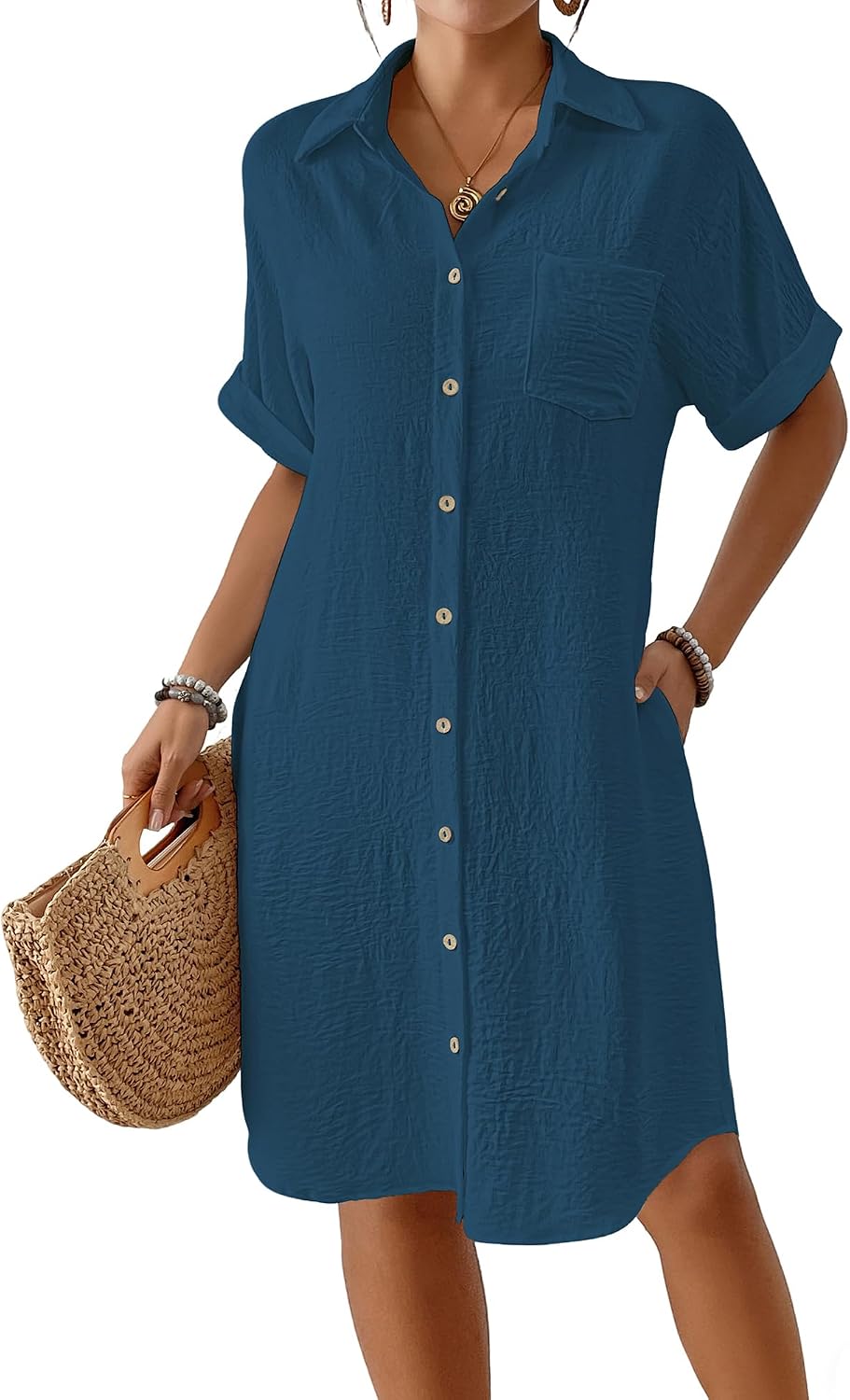 Women's Knee Length Beach Shirt Dress - Short Sleeve Button Down Cover-Up with Pockets for Vacations - Small