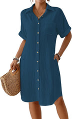 Women's Knee Length Beach Shirt Dress - Short Sleeve Button Down Cover-Up with Pockets for Vacations - Small