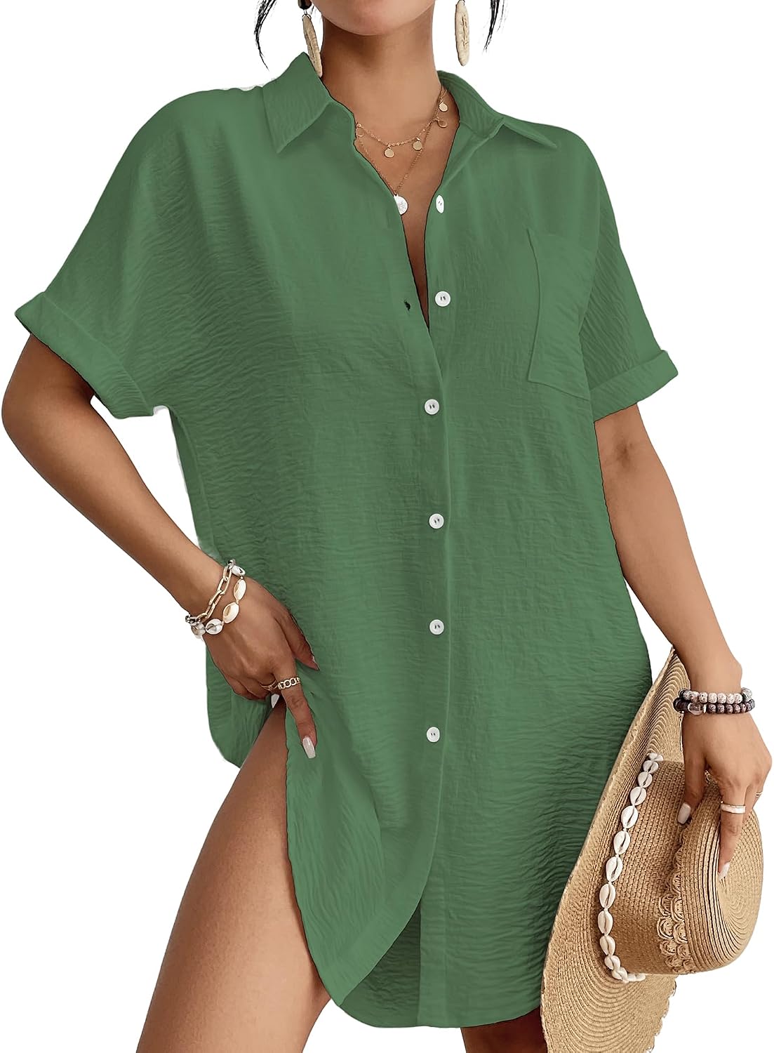 Women's Button Down Beach Shirt Dress - Relaxed Cover-Up in Stripes, Jacquard and Solids for Vacations - Haze Blue