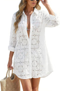 Women's Eyelet Beach Shirt Dress - Long Sleeve Button Down Cover-Up in Prints and Solids for Resort Days - White