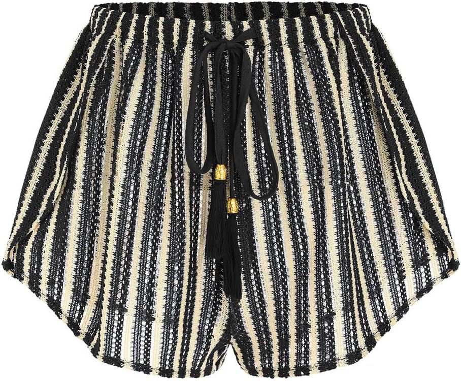 Women's Crochet Cover-Up Shorts - High Waisted Beach Bottoms with Drawstring Waist and Flowy Side Slits - Small