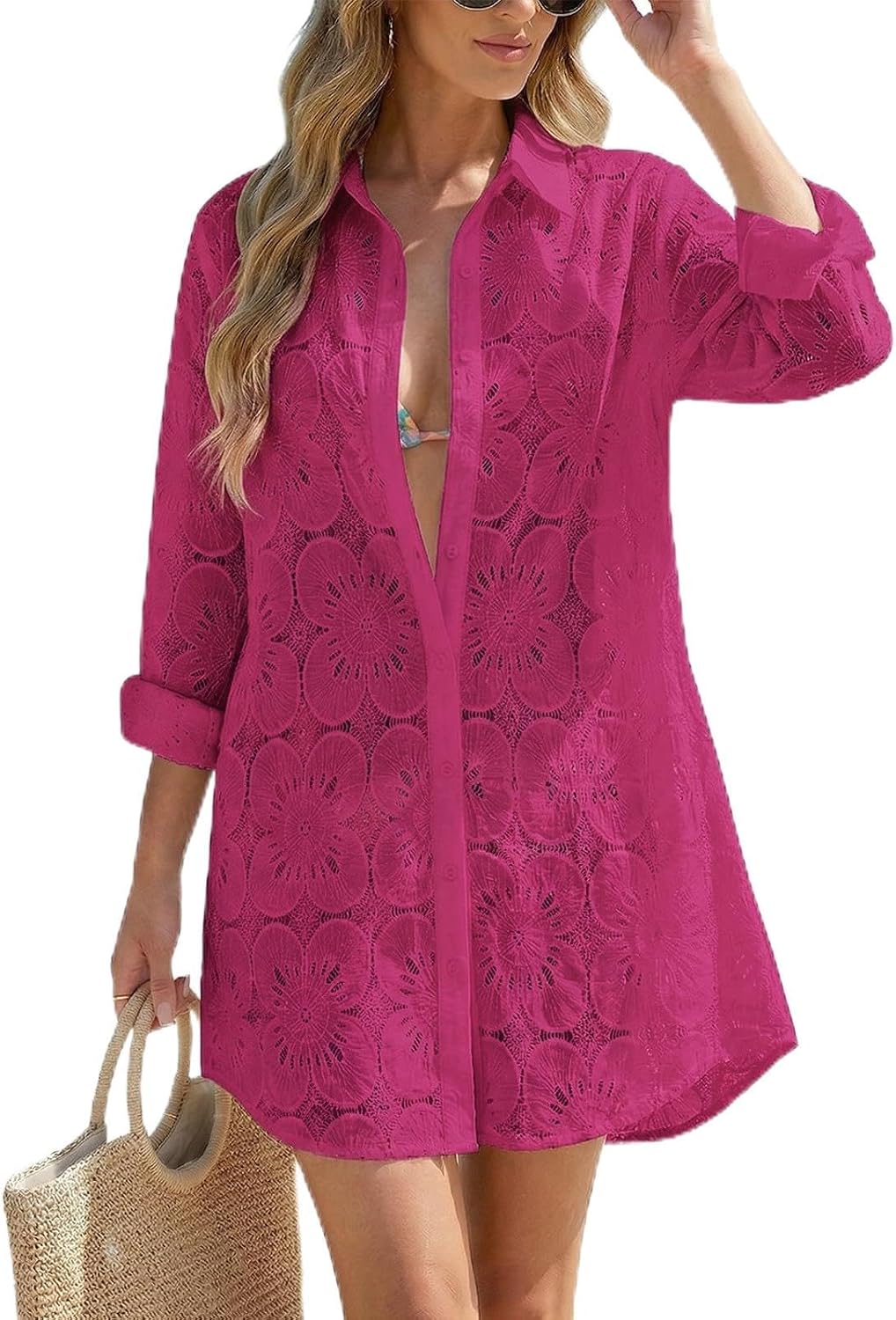 Women's Eyelet Beach Shirt Dress - Long Sleeve Button Down Cover-Up in Prints and Solids for Resort Days - White (5)