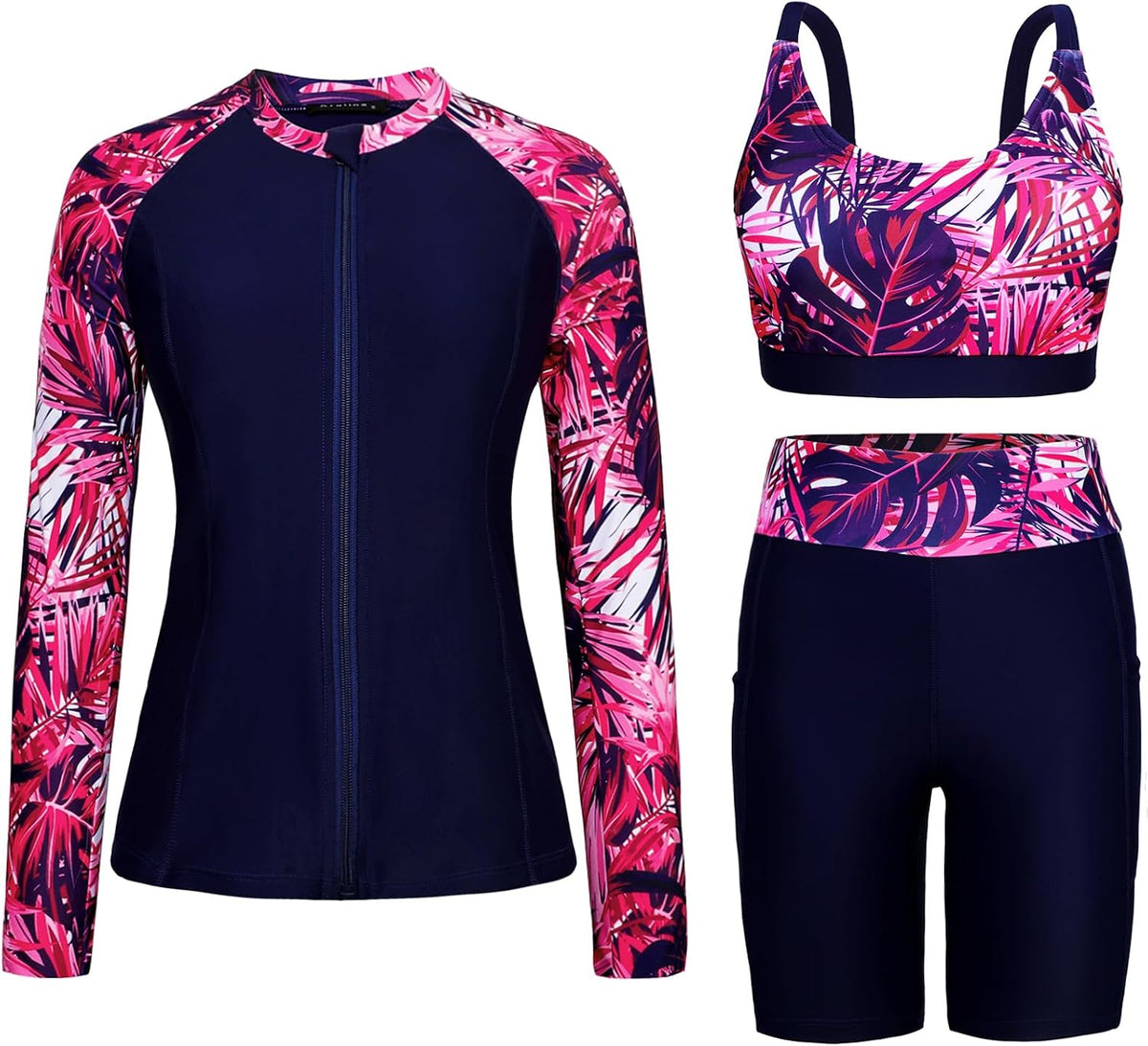 Women's Long Sleeve Rash Guard Set - Swim Shirt with Matching Shorts and Two Pockets for Beach and Pool - Black Flowers