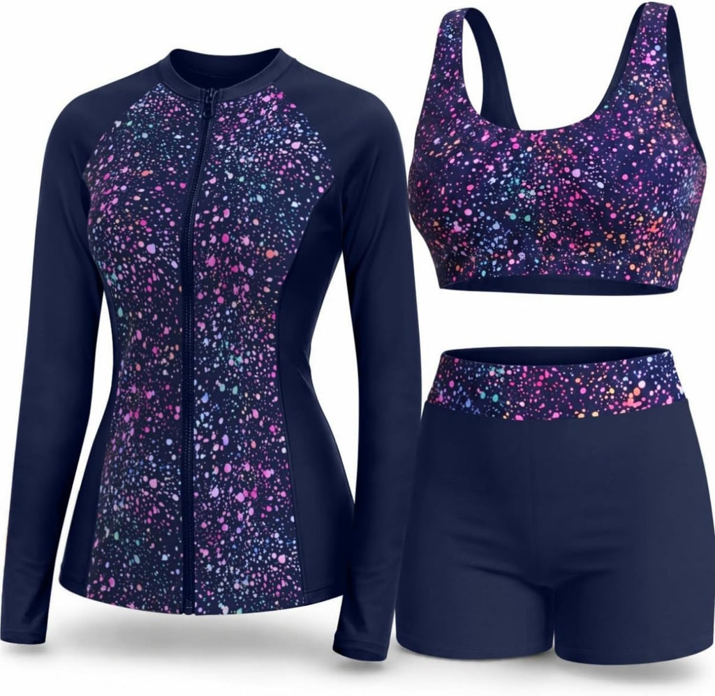 Women's 3 Piece Rash Guard Set - UPF 50+ Long Sleeve Swim Shirt, Built-In Bra Top and Mid Rise Bottoms - Medium