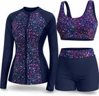 Women's 3 Piece Rash Guard Set - UPF 50+ Long Sleeve Swim Shirt, Built-In Bra Top and Mid Rise Bottoms - Medium