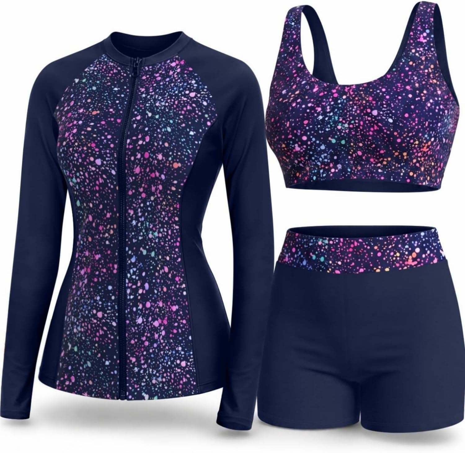 Women's 3 Piece Rash Guard Set - UPF 50+ Long Sleeve Swim Shirt, Built-In Bra Top and Mid Rise Bottoms - Medium