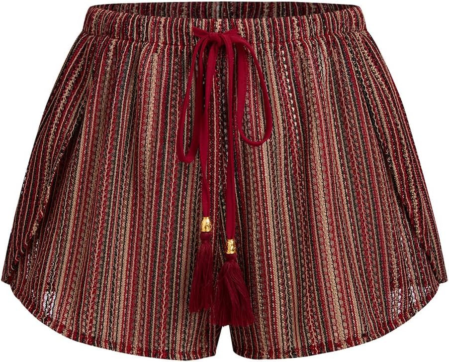 Women's Crochet Cover-Up Shorts - High Waisted Beach Bottoms with Drawstring Waist and Flowy Side Slits - Large