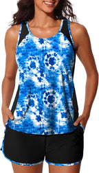 Women's Blouson Tankini Swimsuit - Tummy Control Top with Removable Pads and Swim Shorts with Pockets - Coconut Tree on 