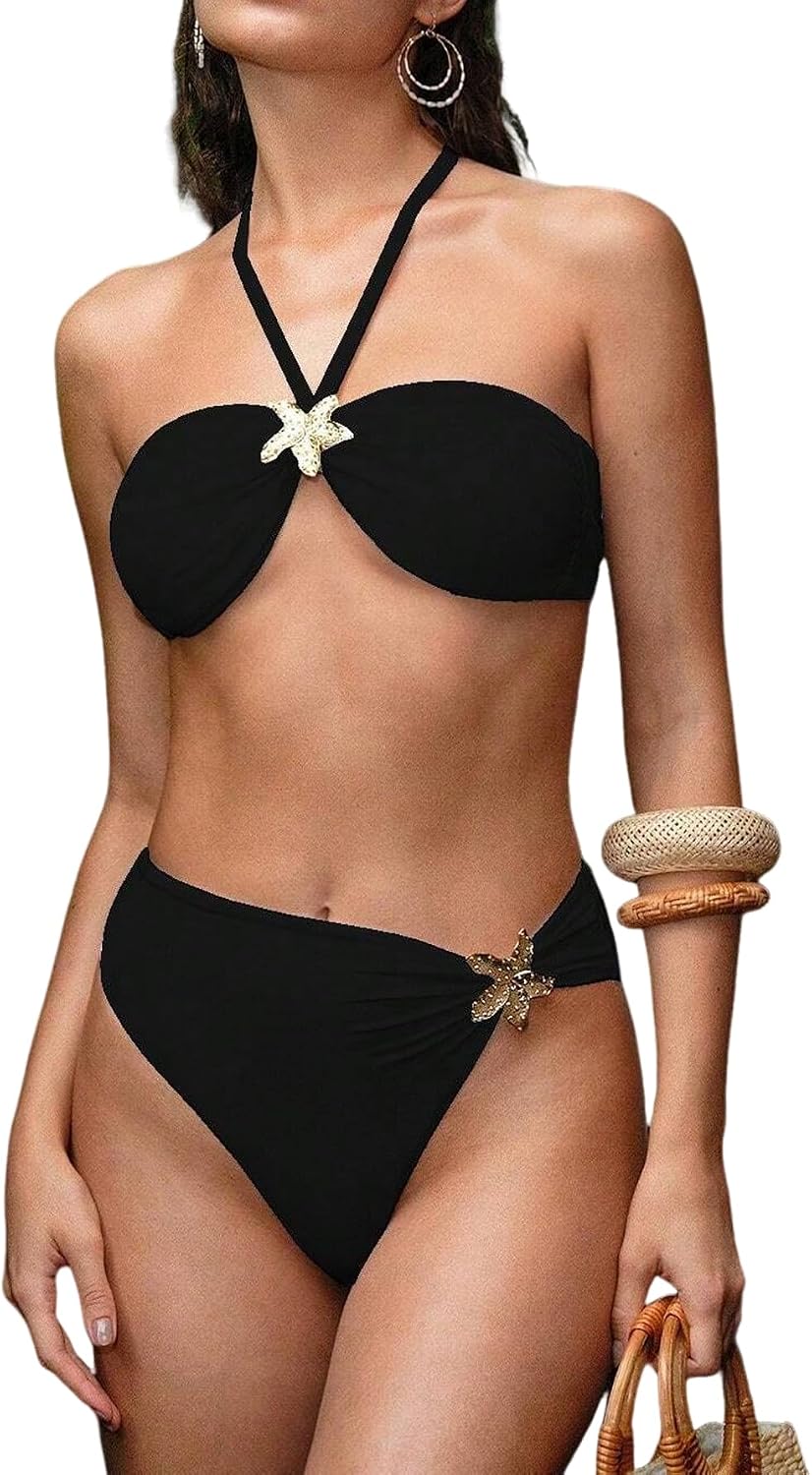 Women's Scoop Neck Bikini Set - Push Up Padded Top with Brazilian Thong Bottoms in Solids and Prints - Brown (32)