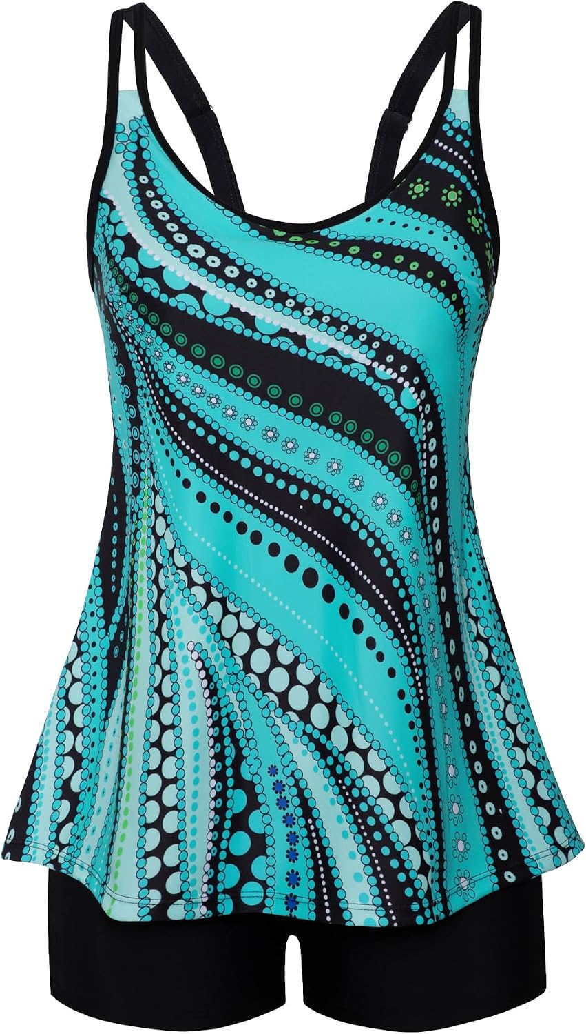 Women's Flowy Tankini Set - Scoop Neck Top with Removable Pads and High Waisted Bottoms for Modest Swims - Large