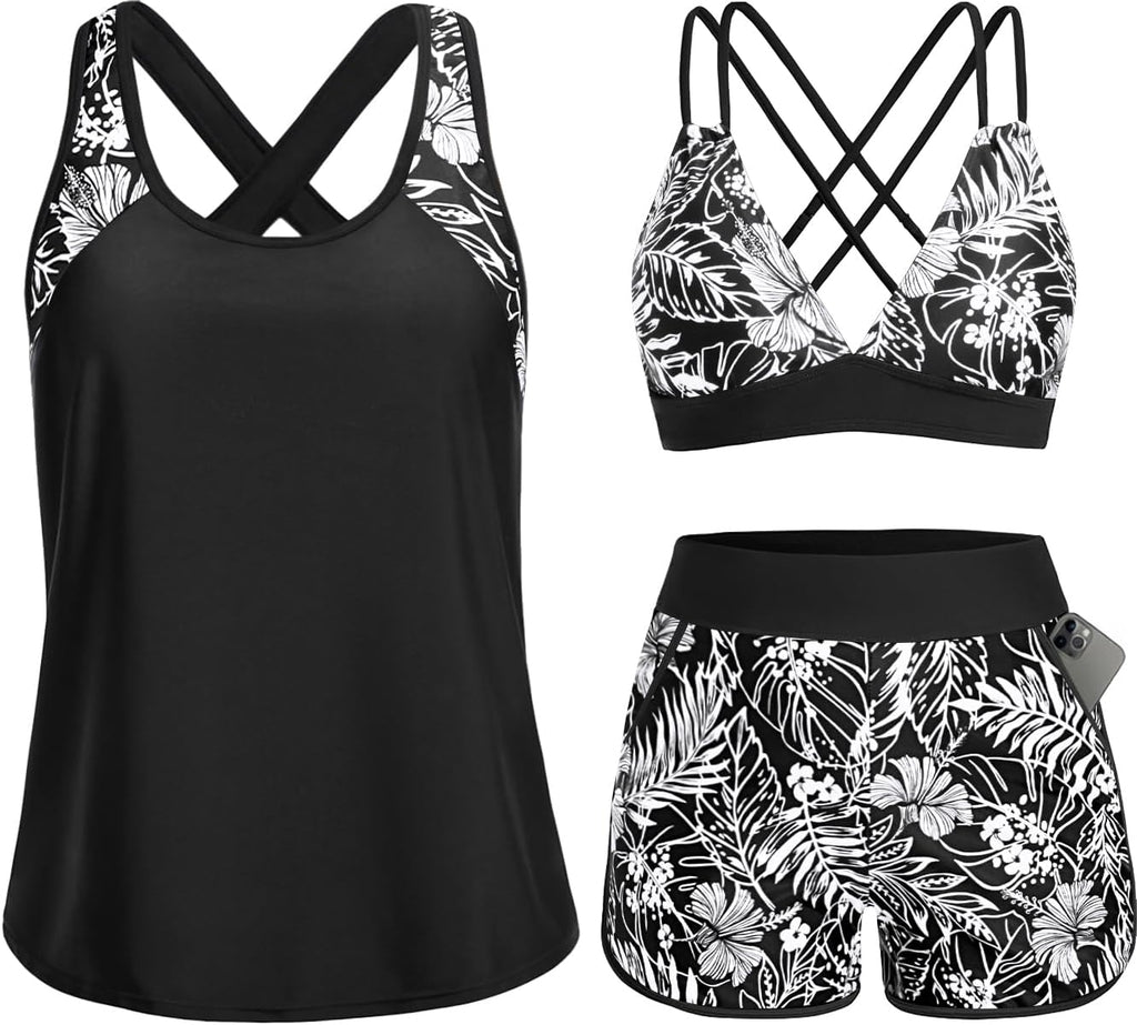 Women's 3 Piece Tankini Swimsuit - Tummy Control Top, High-Waist Boy Shorts and Built-In Brief for Swim Days - Small (15