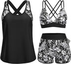 Women's 3 Piece Tankini Swimsuit - Tummy Control Top, High-Waist Boy Shorts and Built-In Brief for Swim Days - Small (15