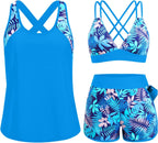 Women's 3 Piece Tankini Swimsuit - Tummy Control Top, High-Waist Boy Shorts and Built-In Brief for Swim Days - Medium