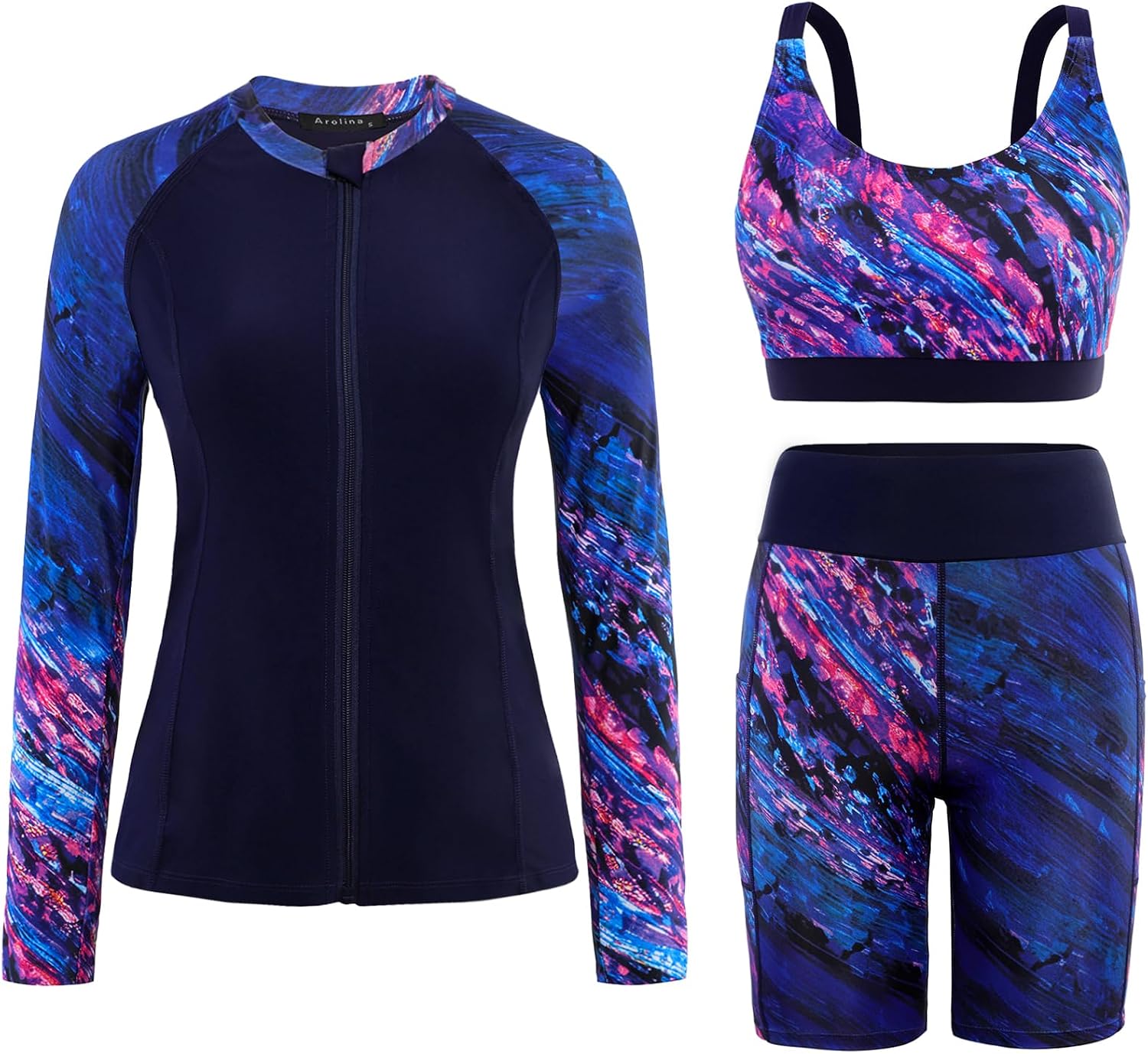 Women's Long Sleeve Rash Guard Set - Swim Shirt with Matching Shorts and Two Pockets for Beach and Pool - Green Paisley