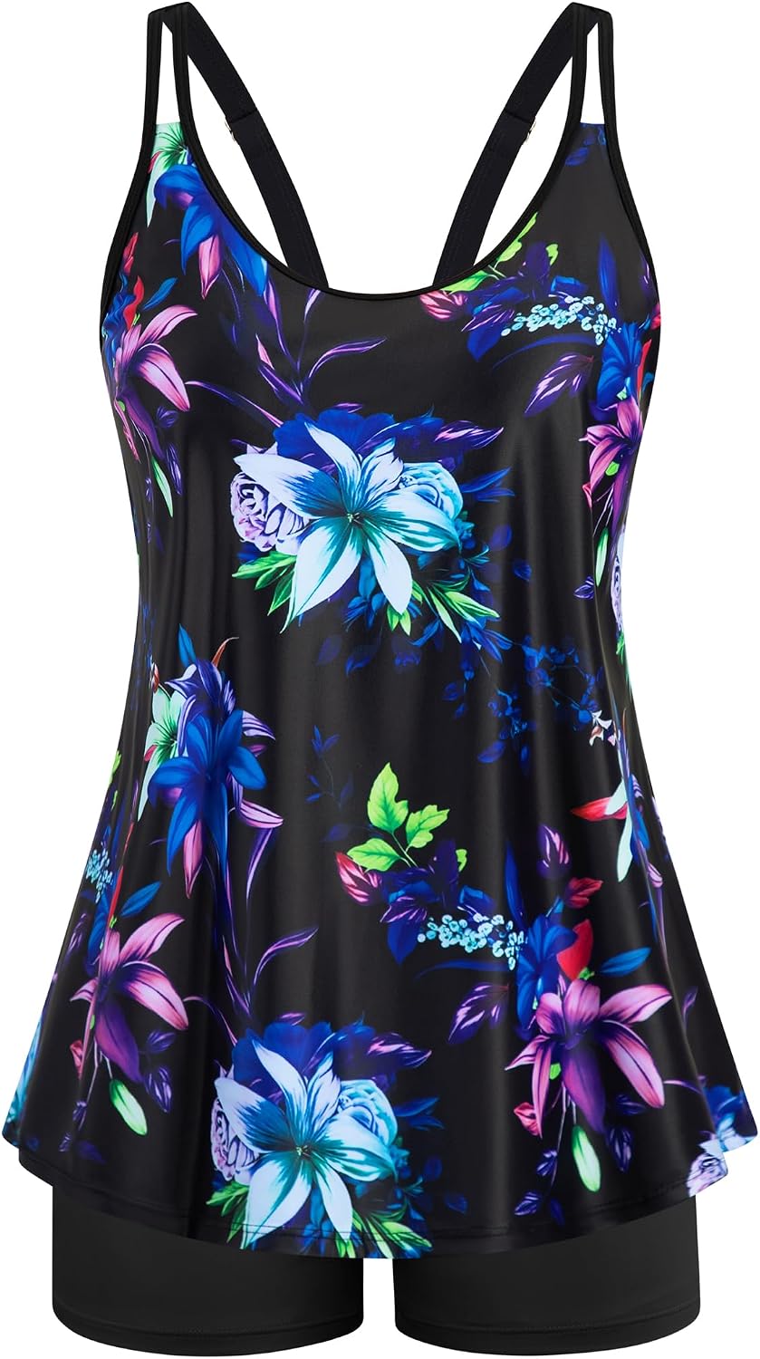 Women's Flowy Tankini Set - Scoop Neck Top with Removable Pads and High Waisted Bottoms for Modest Swims - Small