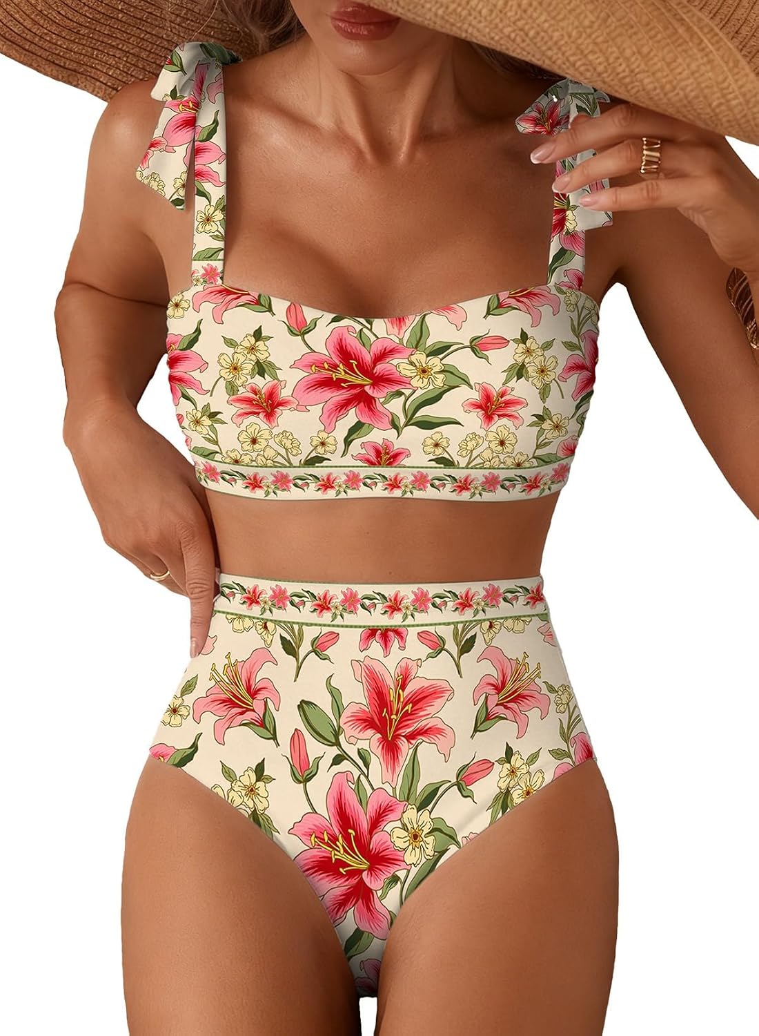 Women's Tie Shoulder Bikini Set - Two Piece with High Waisted Full Coverage Bottoms and Removable Pads - Small (16)