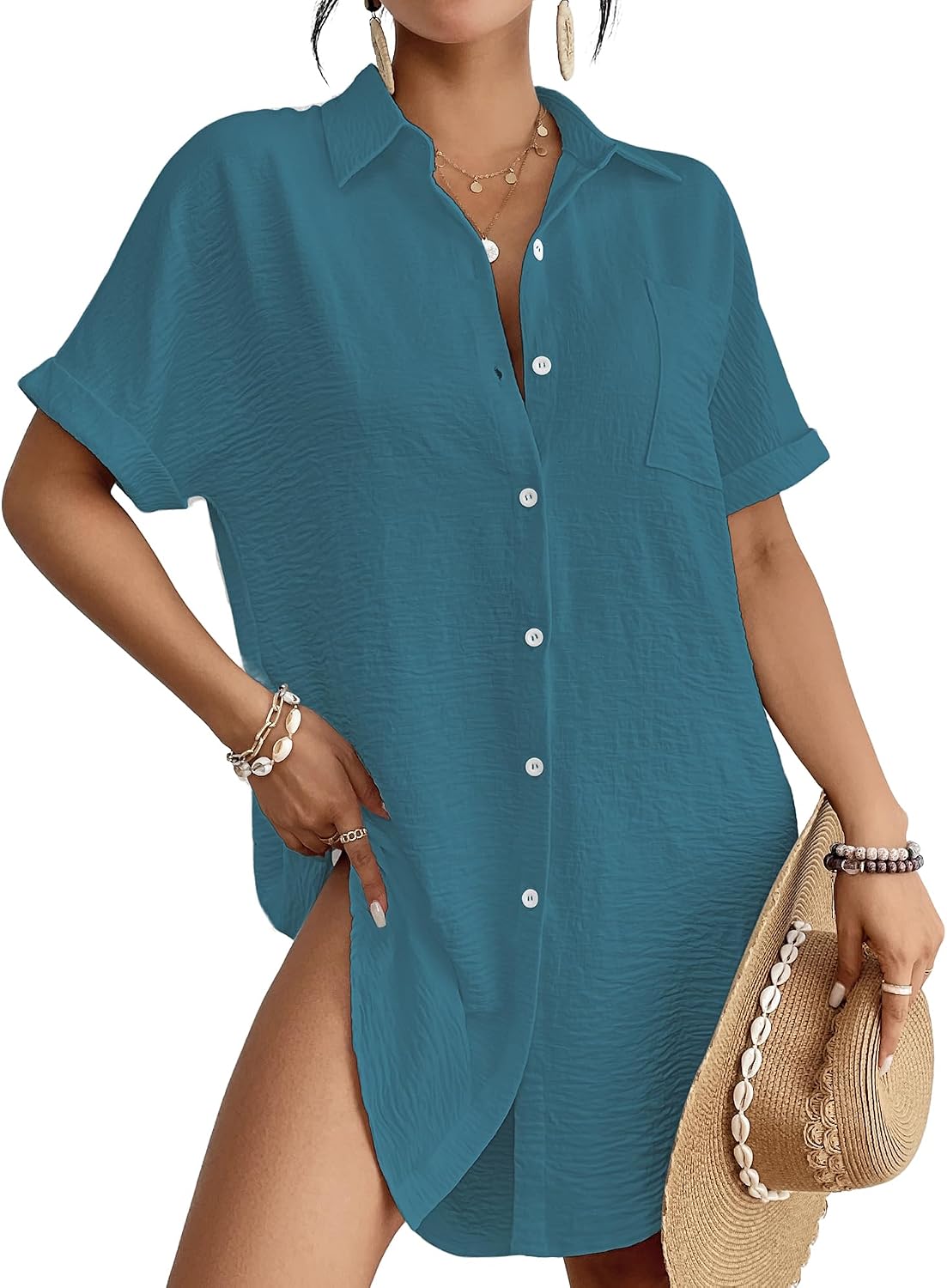 Women's Button Down Beach Shirt Dress - Relaxed Cover-Up in Stripes, Jacquard and Solids for Vacations - Green Stripes