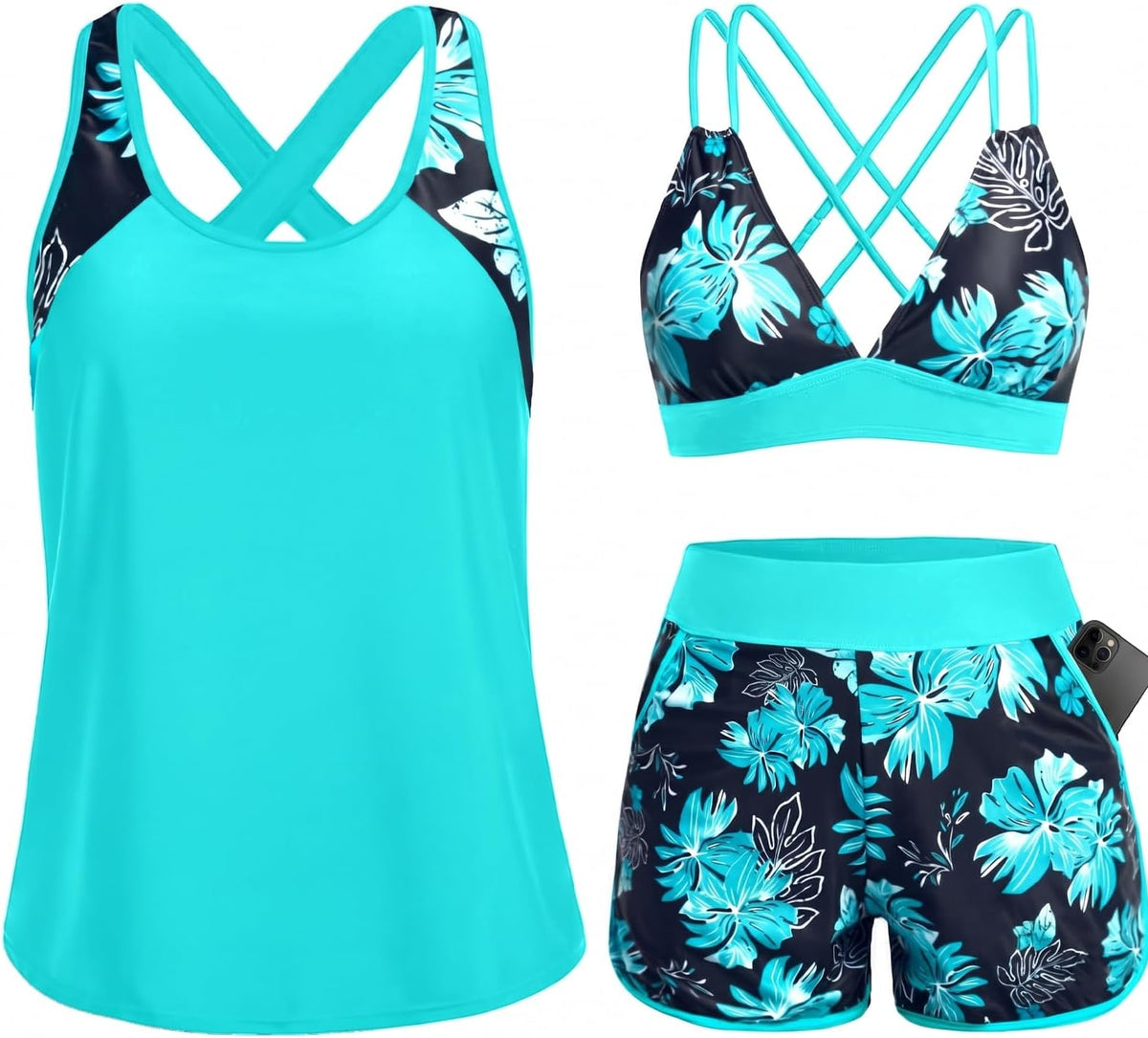 Women's 3 Piece Tankini Swimsuit - Tummy Control Top, High-Waist Boy Shorts and Built-In Brief for Swim Days - 28 Plus